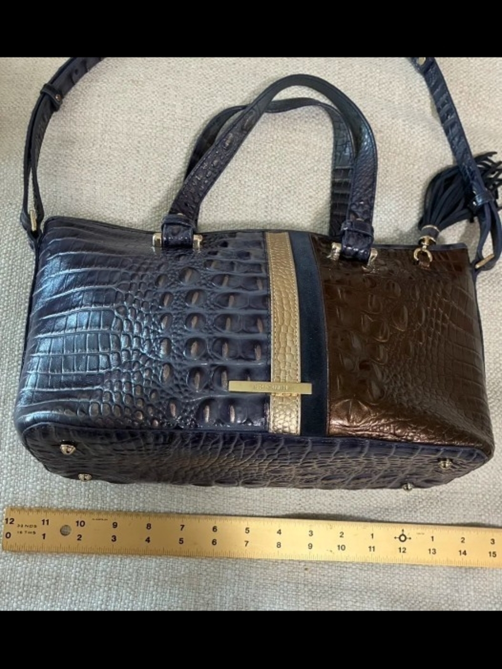 Brahmin Navy Croc-Embossed Satchel with Gold Stripe